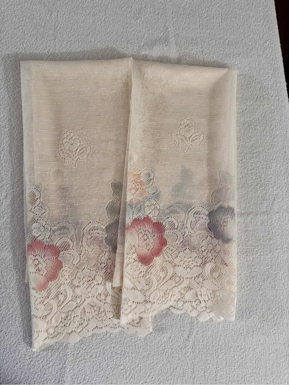 Lace Sheer Curtains with Floral Ombre Detail - Cream and Pink